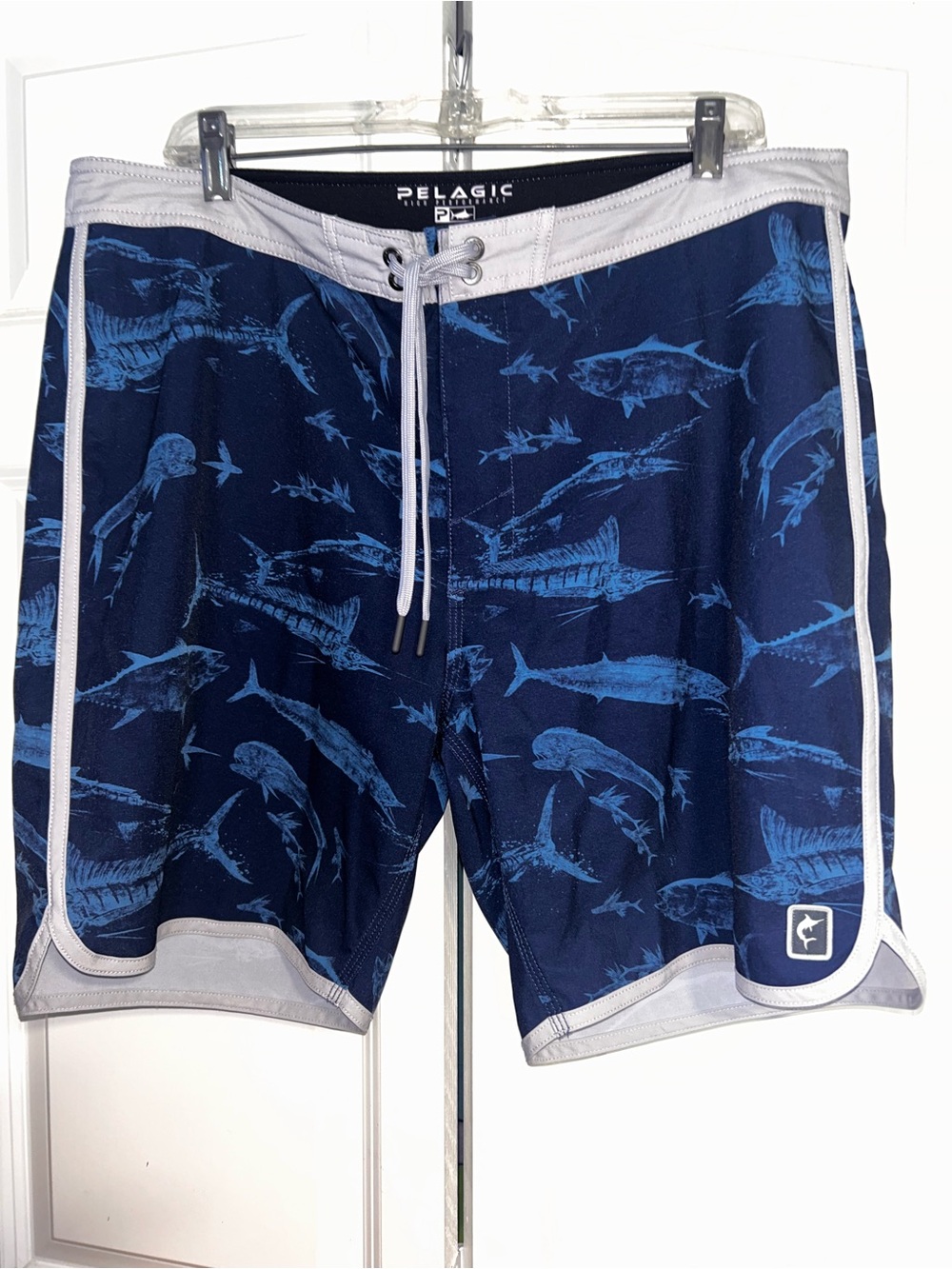 Pelagic Blue Fish-Print Swim Board Shorts with Light Trim